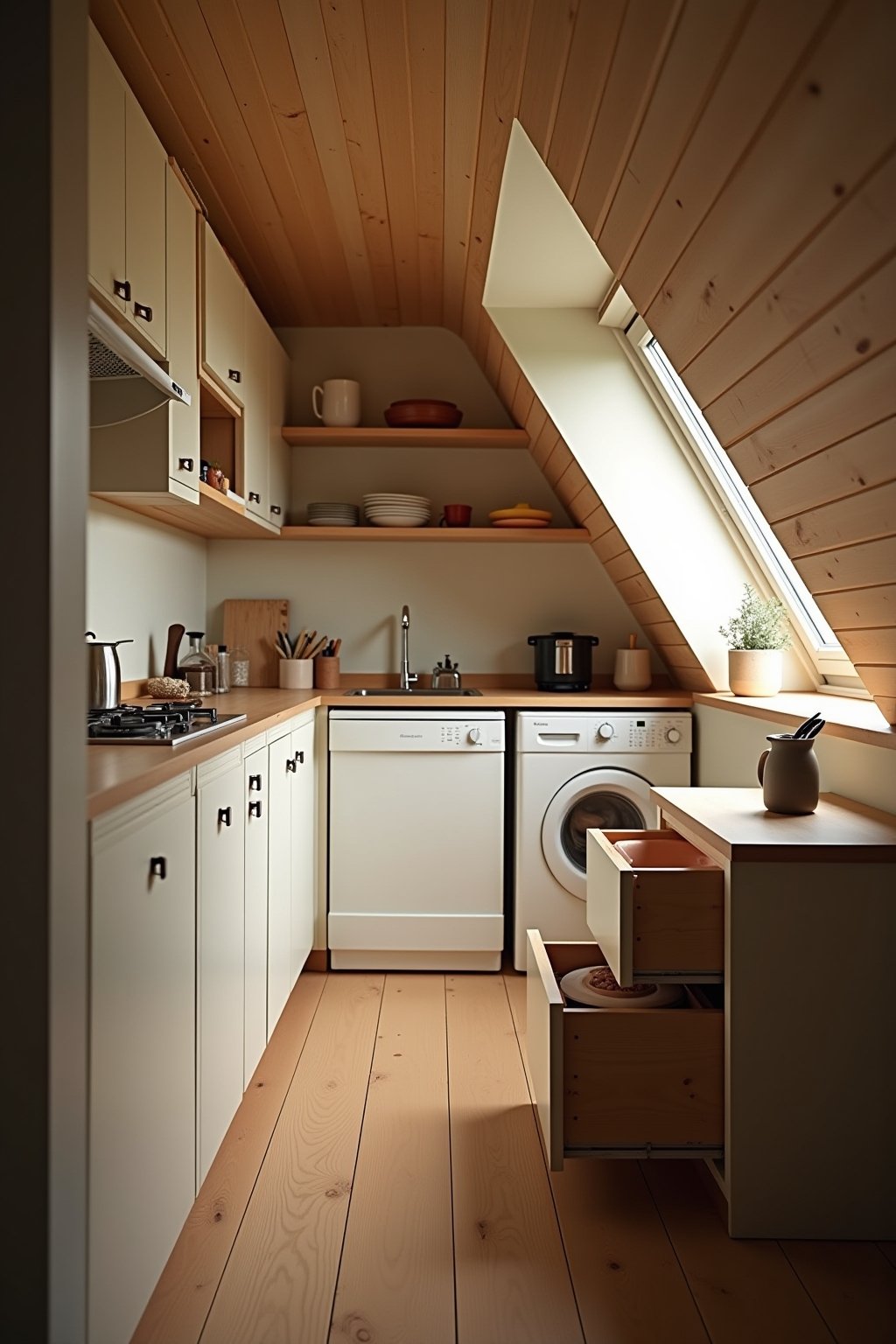 Stauraumlösungen kleine Küche mit Dachschräge