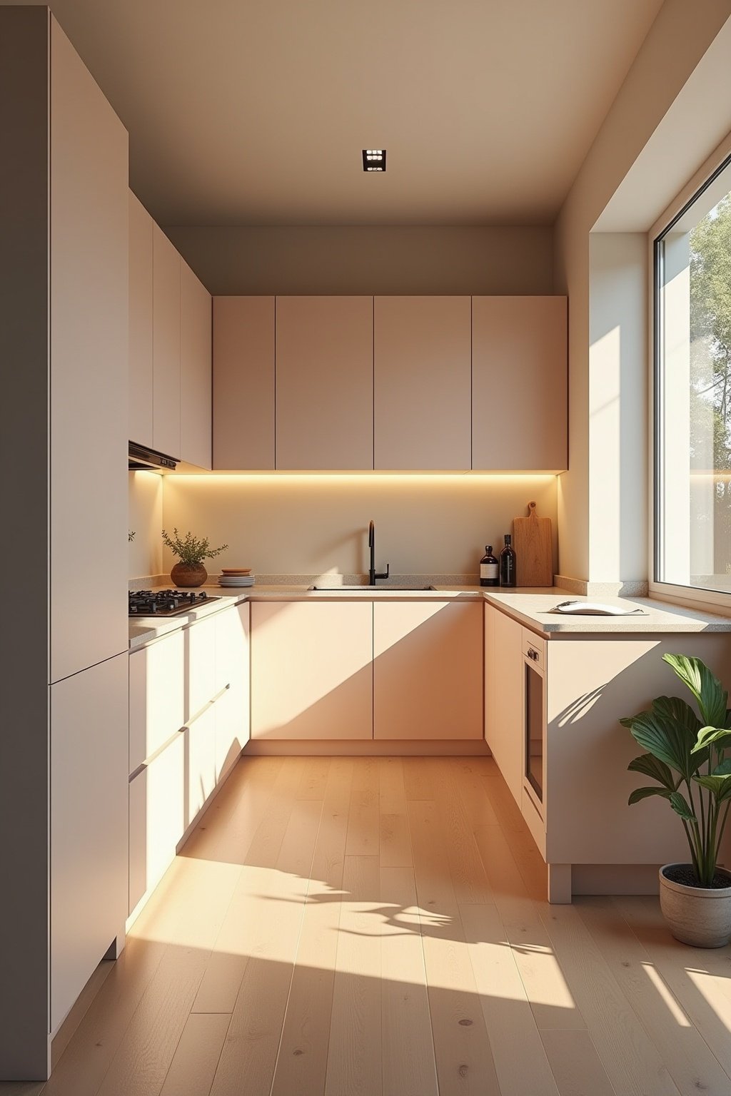 Farbgestaltung und Beleuchtung schmale U-Küche